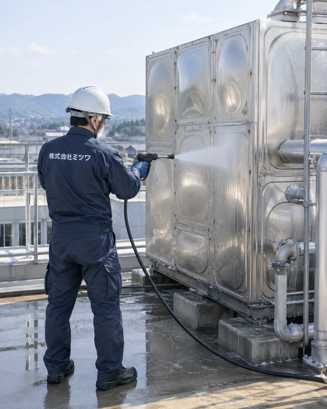 屋上の受水槽を高圧洗浄するミツワの作業員