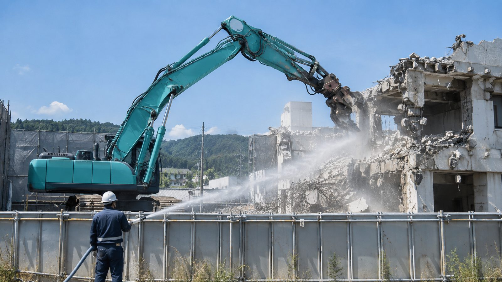 重機で建物を解体する現場と散水する作業員