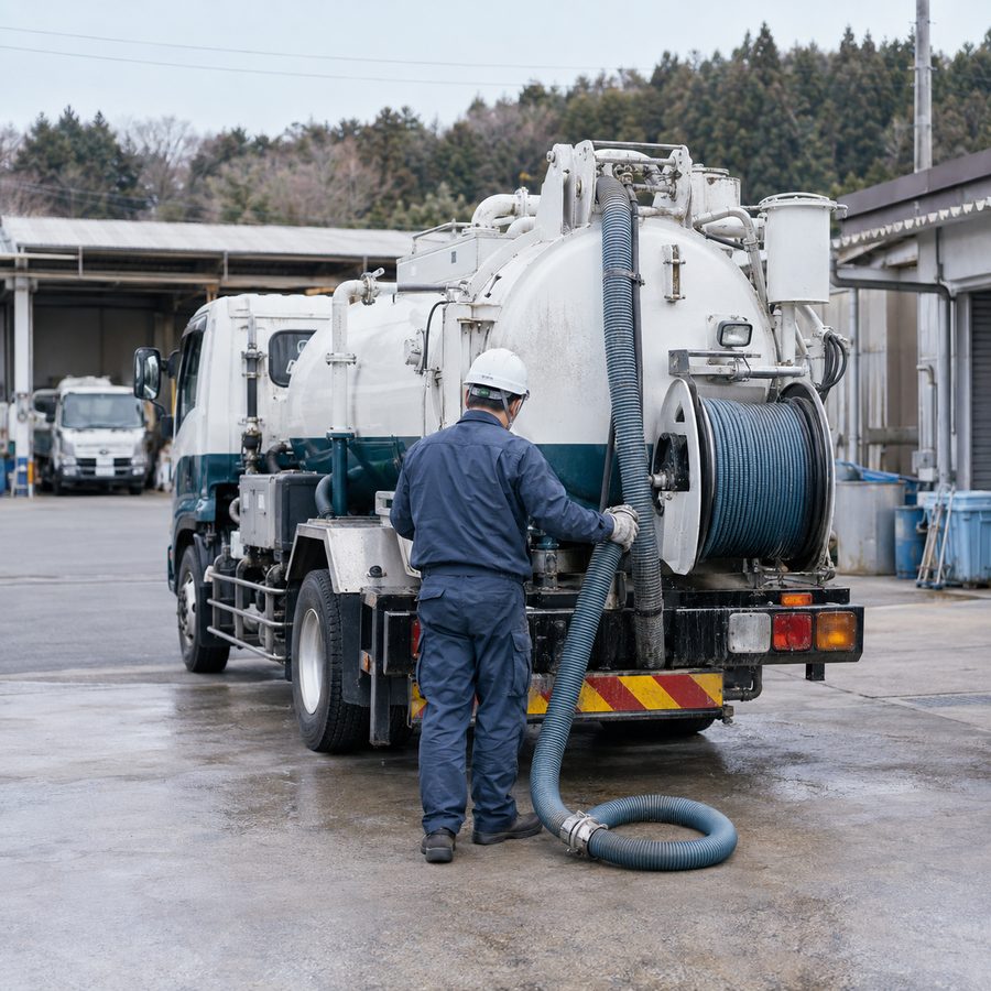 作業車で現場作業の準備をするミツワの作業員